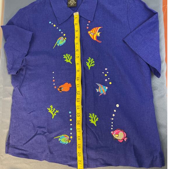 Citi Dress Short Sleeve Linen Blend  Button Up Top Blue with Embroidery Size 12 - Picture 5 of 8